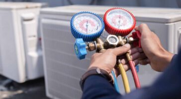 Technician is checking air conditioner ,measuring equipment for filling air conditioners.